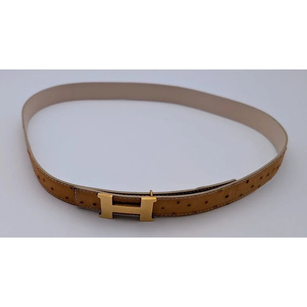 MaxTamara Ostrich Embossed Leather Belt Tan Gold H Buckle Made in Italy 37.5in